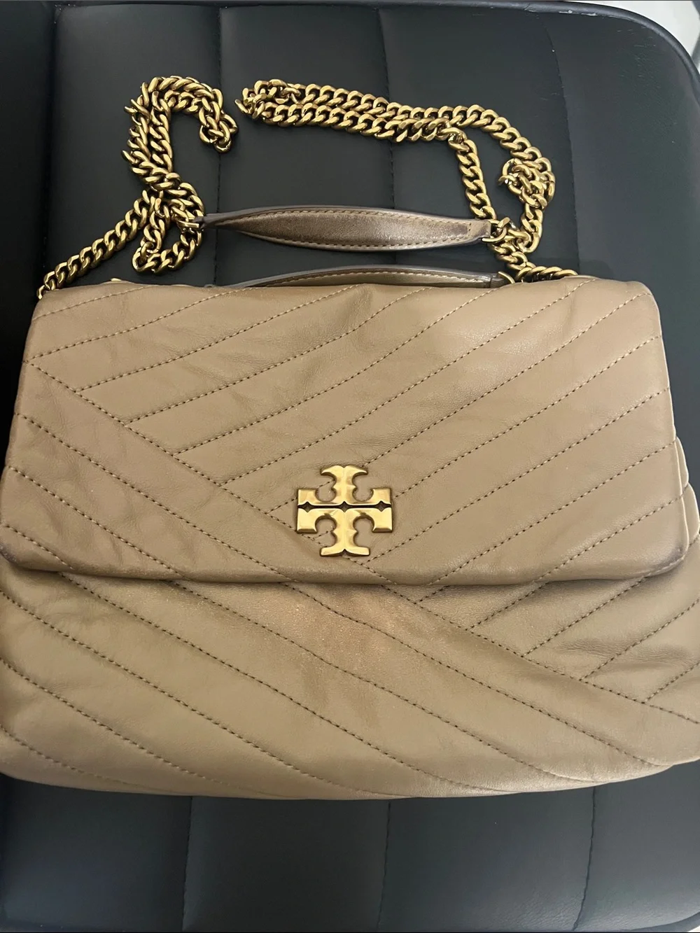 Tory Burch Kira Taupe Quilted Chevron Leather Shoulder Bag with Gold Chain